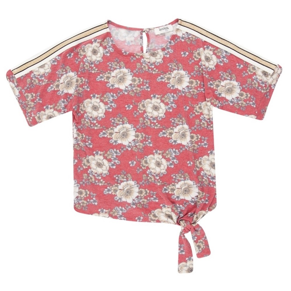 Girl’s Speechless Front Side Knot Hem Floral Glitter Top